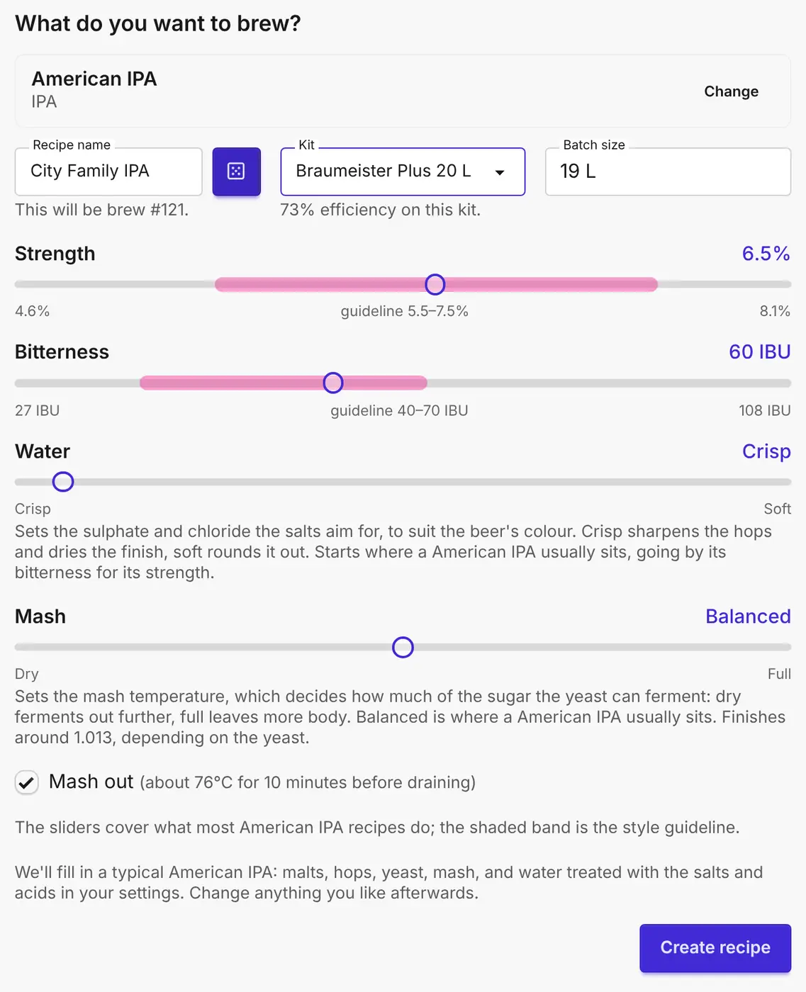 The new recipe screen: an American IPA with sliders for strength, bitterness, water and mash